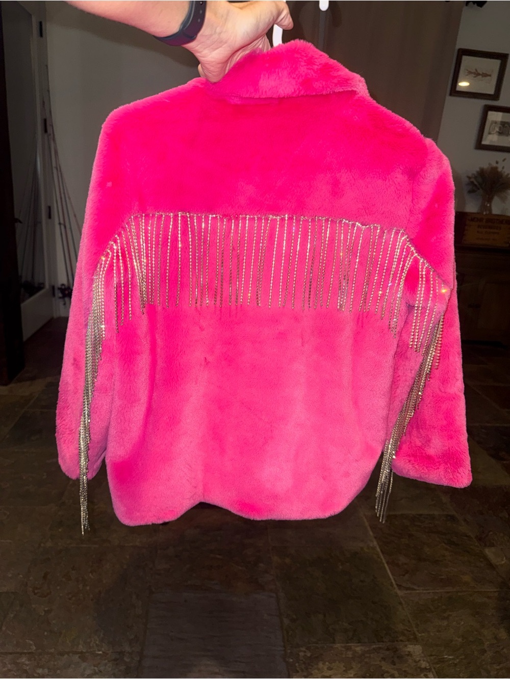 Lola + The Boys! Girls Hot Pink Faux Fur Jacket with Rhinestone Fringe